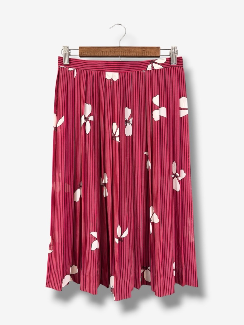 Vintage Koret Red Floral Pleated Midi Skirt Size 8 Stripe Sheer Union Made